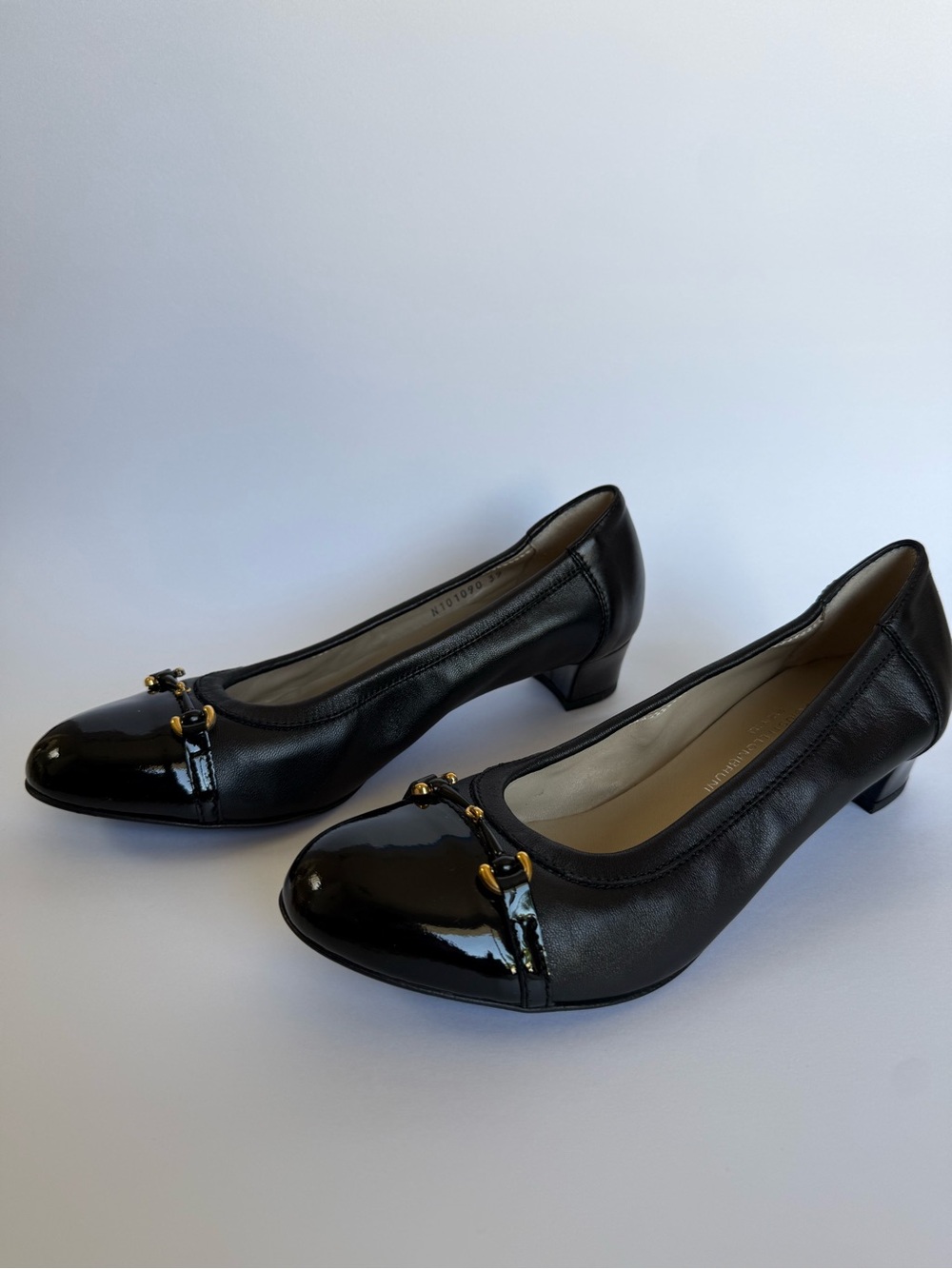 AGL Italian Black Leather Patent Cap Toe Pumps Size 39